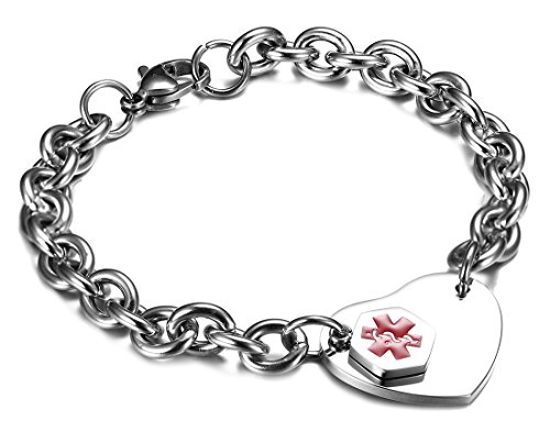 JF.JEWELRY Medical Alert ID Bracelet for Women Stainless Steel Heart Tag Free Engraving
