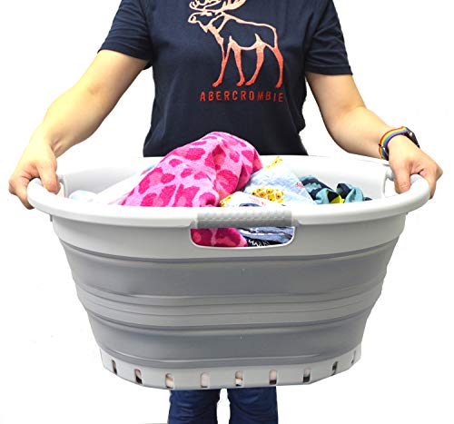Image of SAMMART Collapsible Plastic Laundry Basket - Foldable Pop Up Storage Container /Organizer - Space Saving Hamper /Basket (3 Handled Oval, Grey /Grey)