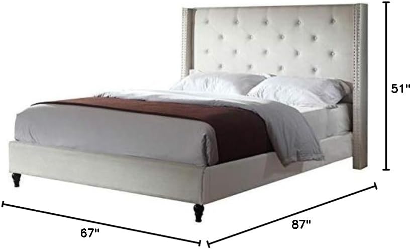 BOWERY HILL Upholstered Queen Platform Bed, Beige Linen Blend Fabric, Wingback Design with High Profile Tufted Headboard, Solid and Engineered Wood Frame, Includes Slats, 87" L x 67" W x 51" H