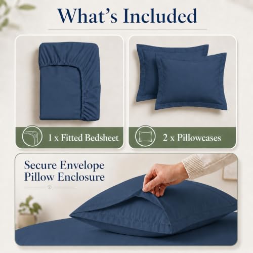 Image of LANE LINEN 100% Organic Cotton Fitted Bedsheet for Double Bed - Estate Blue | GOTS Certified, Percale Weave, 78x60 inches, Fits Upto 12 inch Mattress, Soft, Breathable, Washable, 2 Pillow Covers