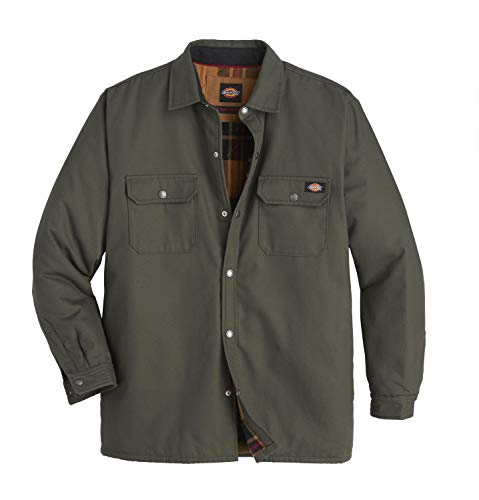 Dickies Men's Flannel Lined Duck Shirt Jacket with Hydroshield, Olive Green, 2X