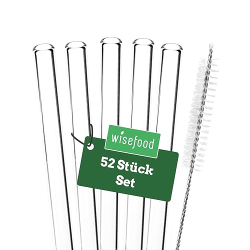 Wisefood® Glasstrohhalme Strohhalme Ø 8 mm [50 Stk.] wiederverwendbare Strohhalme Glas mit 2 x Strohhalm Bürste [klar] Trinkhalme Glas mit Strohhalm [Size 21,5cm] Straws lang | Glasstrohhalm kurz