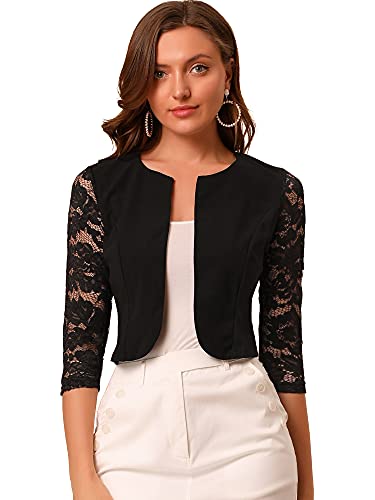 Allegra K Women's Floral Lace Shrug Top 3/4 Sleeve Open Front Cardigan Evening Formal Bolero
