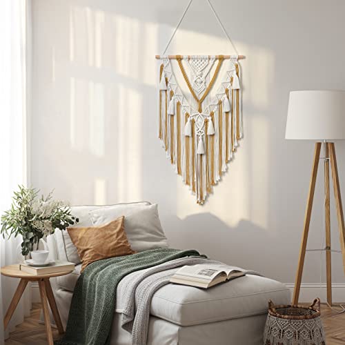 Dremisland Macrame Woven Wall Hanging Boho Geometric Woven Tapestry Beige & Yellow Cotton Handmade Bohemian Art Decor with Tassel Craft Ornament for Bedroom Living Room Apartment Nursery (Yellow)
