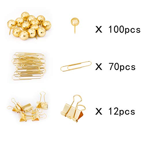 Gold Binder Paper Clips Set,182Pcs Large Paper Clips,Binder Clips,Push Pins, Office Supplies Clips For Women,Desk Accessory #TOP1