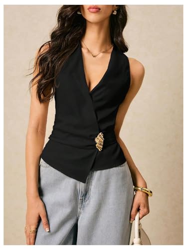 MakeMeChic Women's Old Money Vest Tops Wrap V Neck Blouse Sleeveless Tie Back Elegant Office Shirt4