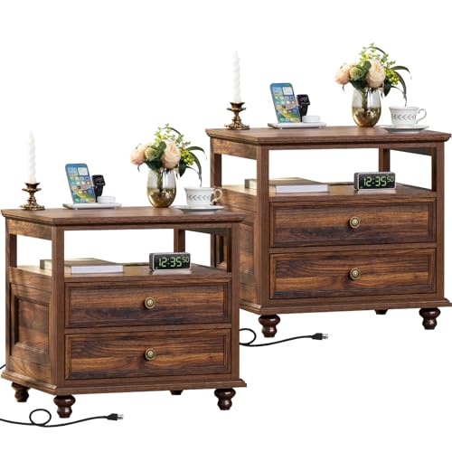 Joaxswe Farmhouse Nightstand Set of 2 with Charging Station, 24\" Wide End Table with 2 Drawers,Brown Dresser for Bedroom,Bed Side Table Chest of Drawers Cabinet, Night Stand for Living Room