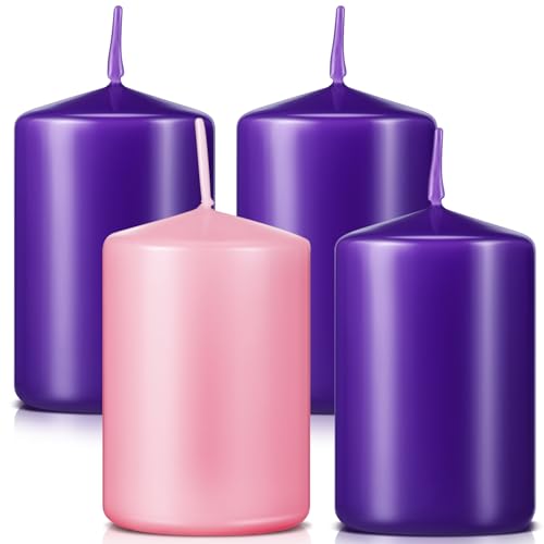 Amylove 4 Pcs Christmas Advent Pillar Candle Unscented Dome Top Pink Purple Church Candles for Holiday Gifting (2 x 3 Inch,Purple,Pink)