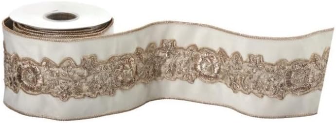 Regency International Metallic Velvet with Flower Trim Ribbon, 5-Yard, Ivory Champagne