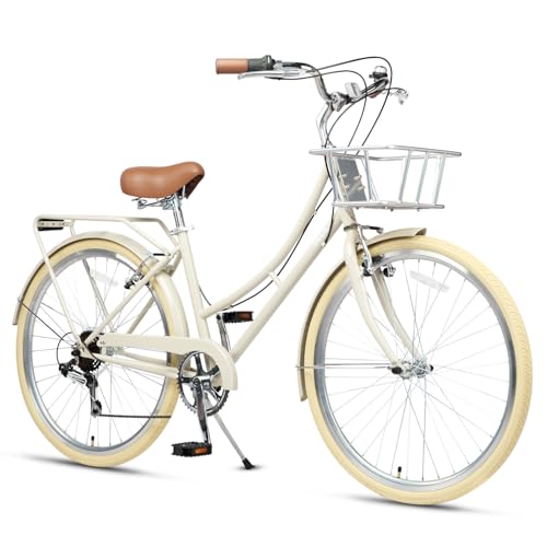 AVASTA Bicicleta Híbrida de 26 Pulgadas, Marco de Acero Ligero para Ciudad, 6 Velocidades, con Cesta de Metal con Elegantes Neumáticos Beige para Mujer, Color Beige