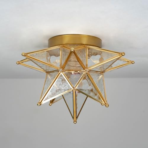 Image of Moravian Star Ceiling Light, Hammered Clear Glass, Brass Finish