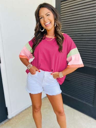 miduo Womens Casual Loose Fit Color Block Stitching Short Sleeve Crew Neck Top T Shirts4