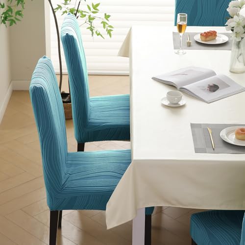 Image of HOKIPO 200 GSM Stretchable Knitting Jacquard Chair Cover Set of 2,'Nestiva Series' Sea Blue (AR-6072-BL)