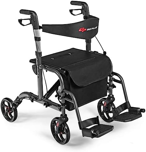 GOPLUS 2 in 1 Rollator Walkers for Seniors, Folding Rollator Walker with Seat, 8-inch Wheel Medical Drive Walker Wheelchair Combo with Backrest, Adjustable Handle for Adults, Aluminium Frame