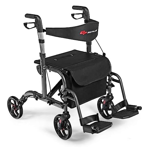 GOPLUS 2 in 1 Folding Rollator Walker, 4 Wheel Medical Rolling Walker with Adjustable Handle and Carry Bag for Adult, Senior, Elderly & Handicap, Aluminum Transport Chair Mobility Rollator (Black)