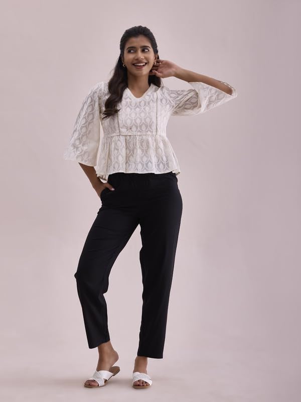 Image of GO COLORS Women Solid Mid Rise Relaxed Fit Viscose Casual Pants
