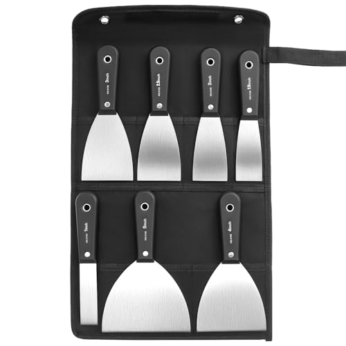Image of QWORK® 7-Piece Stainless Steel Wallpaper and Paint Scraper Tool Set 1"/1.5"/2"/2.5"/3"/4"/5" with Ergonomic Handles and Foldable Storage Bag
