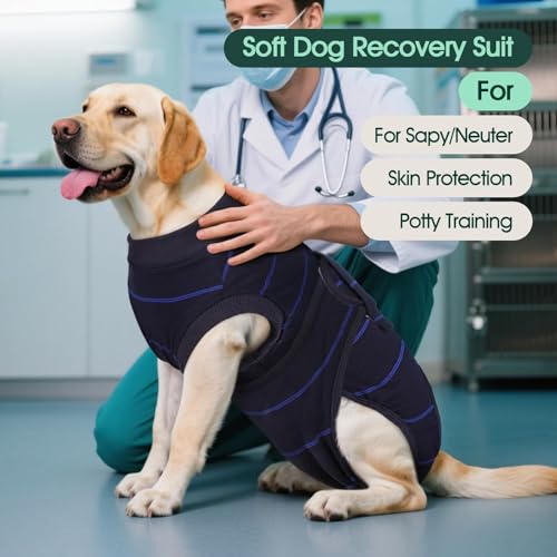 Image of Kuoser Dog Surgery Recovery Suit, Soft Breathable Dog Recovery Suit for Female Spay Male Nueuter, Anti Licking Puppy Onesie Pet Surgical Suit for Dogs Abdominal Wounds Skin Disease, Blue Strips S