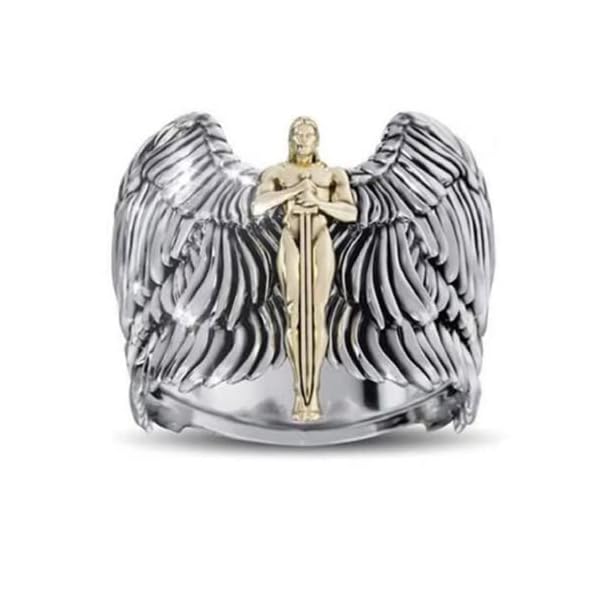 HUKQBUNX 925 Sterling Silver 18K Gold Warrior Sword Angel Wings Two Color Men's Domineering Diamond Ring Size 6-10 (Size 6)