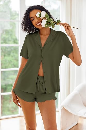 Image of Ekouaer Pajamas Set for Women Short Sleeve Sleepwear Button Down Pjs Lounge Sets Soft Nightwear