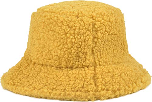 Qzunique Women's Faux Fur Bucket Hat Teddy Style Winter Hat Fisherman Hat Warm Windproof Hat For Women For Girls Yellow #TOP2