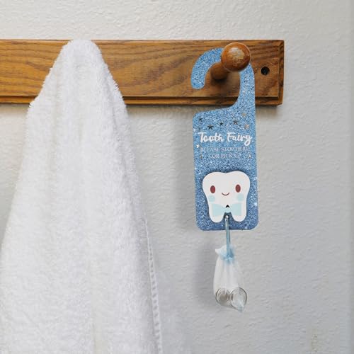 Image of Tooth Fairy Door Hanger Set with Keepsake Bottle and Pouch, Pink Glitter Design, 3 Pieces (Glitter Blue)