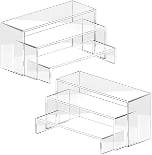6 Pcs Acrylic Display Risers Stand Shelf Clear Dessert table Set 3 Steps Display Stands Showcase for Amiibo Funko Figures Cupcake/Perfume Cologne Lotion Collectible Makeup Jewelry (Transparent)