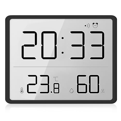 GOEDCH Termometro digitale igrometro sveglia: LCD digitale piccola sveglia con supporto magnetico, display della temperatura, orologio dell'umidità, funzionamento a batteria per casa, ufficio