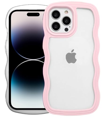 Image of GoldKart iPhone 14 Pro Max Case Wavy Edge Clear Back Design, Anti-Slip Grip Cute Wave Curly Frame Shape Shockproof Soft TPU & Hard PC Bumper Protective Phone Case Cover for Women Girls - Pink