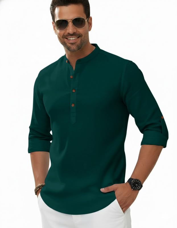 Image of Macsivo Men's Cotton Blend Solid Short Kurta with Regular Lenth Mandarin Neck Full Sleeves and roll-up tab| Kurta Style Shirt for Men