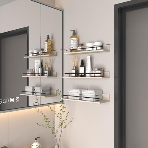 Lyeasw Wall Shelves with Black Metal Guardrail, 16 Inch Beige Floating Shelves for Bedroom Bathroom Kitchen Living Room, Set of 3 in Different Sizes - Thumbnail 6