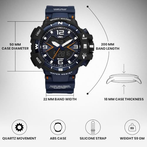 Image of V2A Stryke 50mm Analog Digital Watch for Men | Red X Tactical Dial Design | Alarm Stopwatch Backlight Day Date | Rugged Sports Watch with TPU Strap | 50M Water Resistant | Gift for Mens