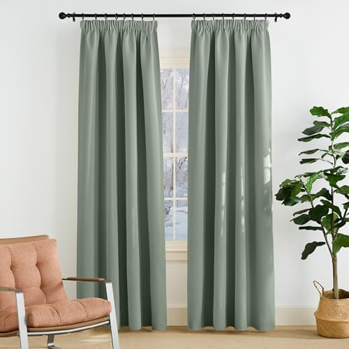 PONY DANCE Verdunkelungsvorhang für Schiene Vorhang Thermo Kälteschutz | 2er Set, H220 x B140cm, Salbeigrün, Gardine Abdunkelnd, Thermogardine, mit Kräuselband, für Schlafzimmer Wo