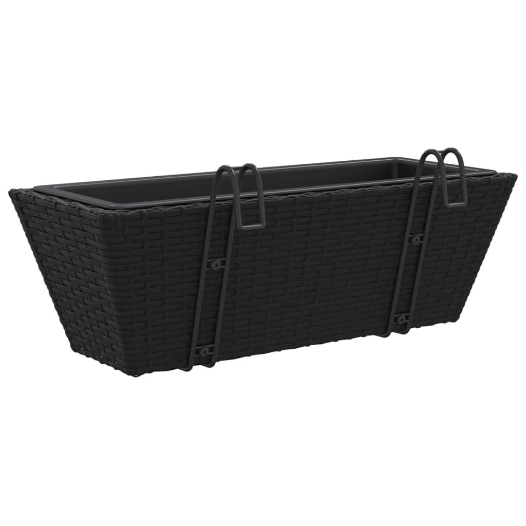 Pflanzkasten mit Haken 2 STK Schwarz Poly Rattan mit Kunststofftopf 54x22x18 cm Balkonkasten für Balkon Terrasse Garten mit Stabiler Stahlhalterung und platzsparender Aufhängung