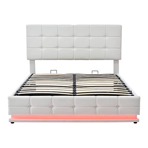 Merax Modern Tufted Plattform Bed With Storage Underneath Queen Faux Leather Lift Up Bed Frame With Led Lights And Usb Charger No Box Spring Needed White, 83"L X 64.9"W X 44"H #TOP5
