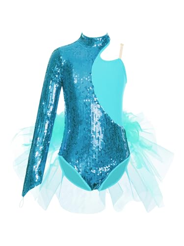 Miaeowve Kinder Turnanzug Mädchen Langarm Ballettanzug Pailletten Glitzer Tanzbody Mesh Tüll Patchwork Trikot Wettbewerb Performance Bekleidung Blau Grün 122-128