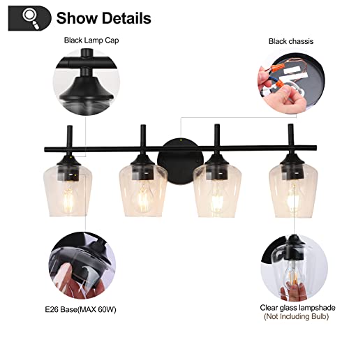 Image of foucasal 4-Light Bathroom Light Fixtures, Matte Black Vanity Lights with Clear Glass Shades, Modern Wall Lights for Mirror Kitchen Living Room Hallway Cabinet Porch