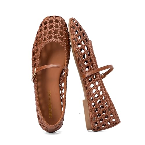DREAM PAIRS Woven Ballet Mary Jane Flats for Women Dressy Comfortable Square Toe Ballerina Flats with Adjustable Buckle Strap for Work Casual Travel Daily 7.5 Brown