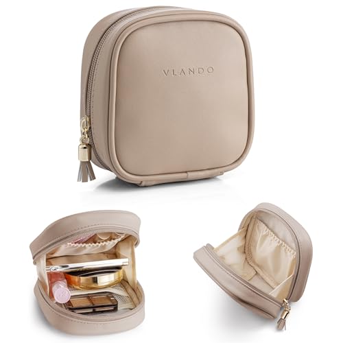 Vlando Kosmetiktasche klein Make up Tasche für Geldbörse mit Einsteckfächern Schminktasche Damen mit Reißverschluss Wasserdichtes Makeup Bag für Frauen Milchkaffee