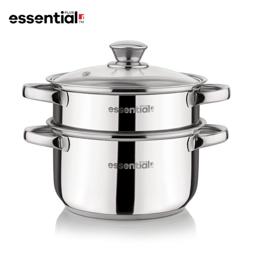 Image of Essential Plus Stainless Steel 2 Tier Steamer (18cm Dia) 2.5L, Multipurpose Pot, Stainless Steel Multi kadai, Even and Fast Heating, For Dhokla, Modak, Patra etc - Induction and Gas Stove Ready