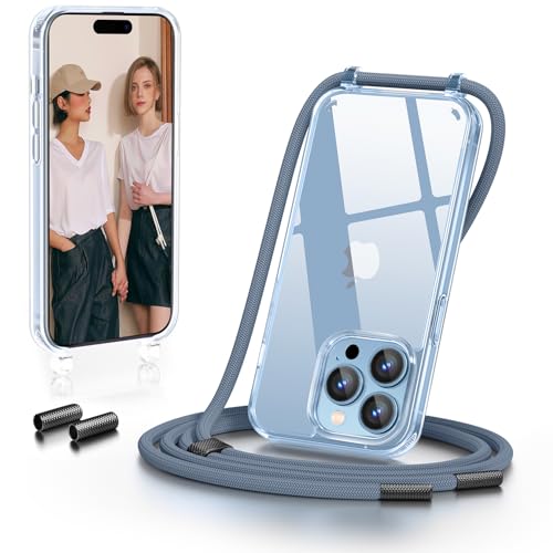 GOODVISH Crossbody Lanyard Case for iPhone 15 Pro with Strap Adjustable and Removable Necklace Strap Clear Shockproof Phone Cover for iPhone 15 Pro 6.1 inch Blue