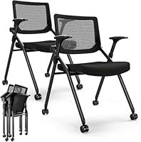 FYLICA Klappbare Bürostühle Set aus 2 Stück mit PU-Rollen – Ergonomische Mesh-Rückenlehne mit Federung, stapelbar für Konferenzräume, Besucher- & Empfangsbereich (Schwarz)