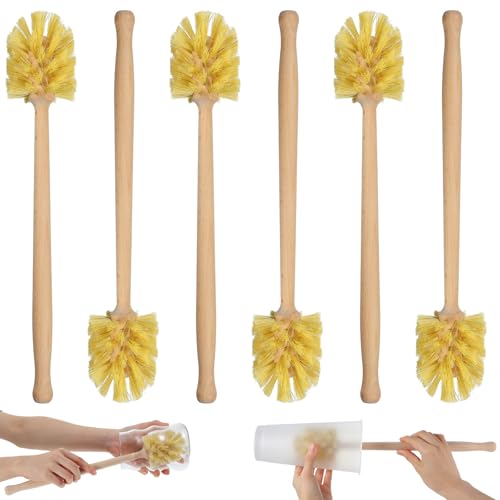6 Pcs Natural Wooden Bottle Brush with Sisal Bristles, Long Beechwood Handle Bottle Brush Cleaner for Cleaning Bottles, Wide Mouth Mugs, Jars, Glasses, Dishes, Vases, Pitchers, 13.6 x 2.6 Inches