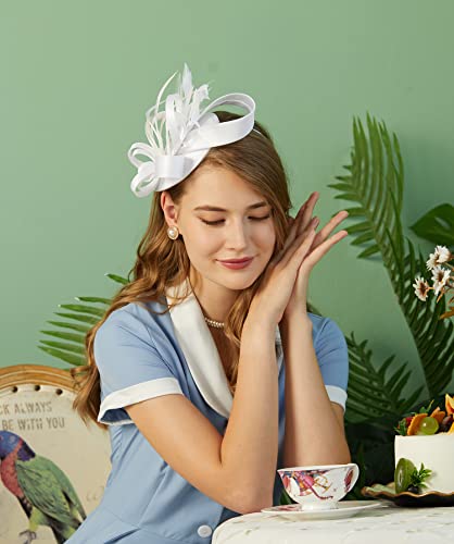 Cizoe Derby Fascinators for Women High Tea Party Hat Wedding Cocktail Flower Headware with Mesh and Feathers(Y-White)