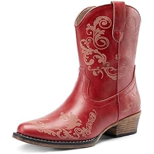 DREAM PAIRS Women's Cowboy Cowgirl Western Ankle Boots Low Chunky Heels Square Toe Fall Short Booties Shoes 6 Red