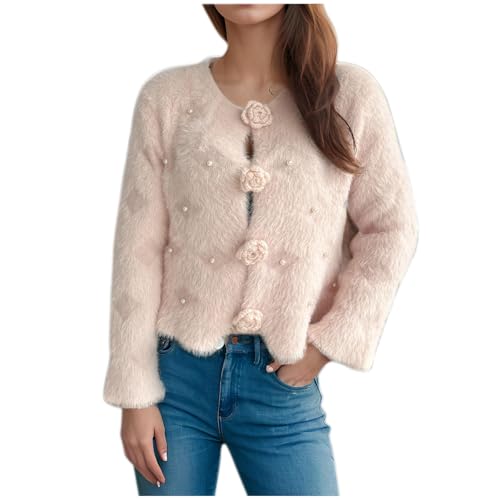 Women's Mohair Sweaters Fuzzy Mohair Cardigan Pearl Soft Chunky Button Down Fuzzy Sweater Trendy Casual Clothes