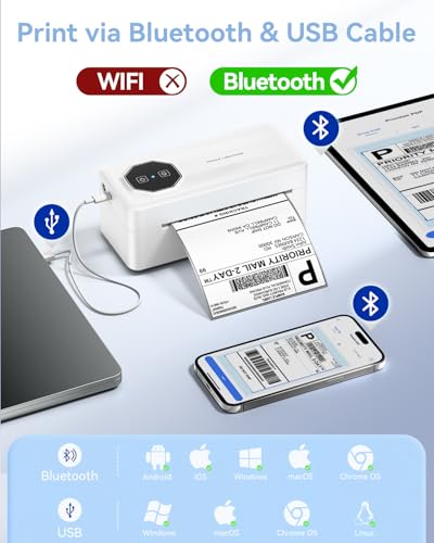Image of TATTMUSE Bluetooth Thermal Shipping Label Printer, A646 Wireless 4x6 Label Printer for Small Business and Shipping Packages, Compatible with iPhone Android Windows Mac, Amazon, USPS, UPS, White