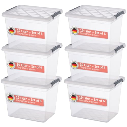 Blumtal Aufbewahrungsbox mit Deckel 19L aus Kunststoff - Aufbewahrungsboxen 37x28,5x26,5 cm - Boxen Aufbewahrung aus 100% Neumaterial & Verschlussclips - Kunststoffbox mit Deckel - Stapelbox 6er Set
