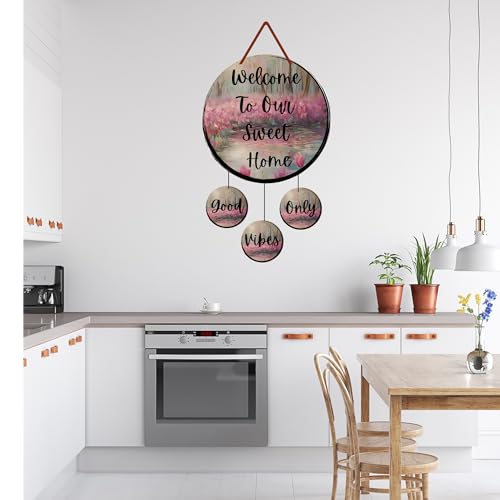 Image of GENXTRA Wooden Welcome Home Round MDF inchWelcome To Our Sweet Home inch Wall Hanging with 3 Mini inchGood Vibes Only inch Charms - Decorative Wooden Plaque Set of 4 for Entryway & Living Room, or Balcony | Decorative Plaques for Housewarming (HOME 02)
