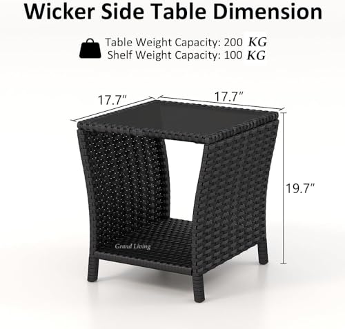 Image of Grand Living Outdoor Wicker Patio Garden Table Glass Top and Storage Shelf, Weather-Resistant for Terrace, Lawn,& Balcony (Black)